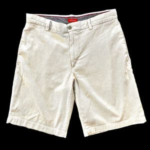 IZOD Mens Sandy Bay Shorts 32x10 Cool Seersucker Flat Front Tan/Ivory Stripe